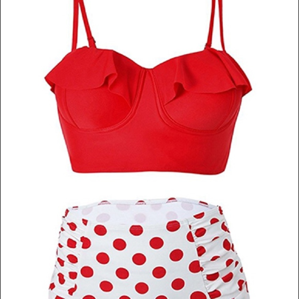 Red and white polka dot bathing suit